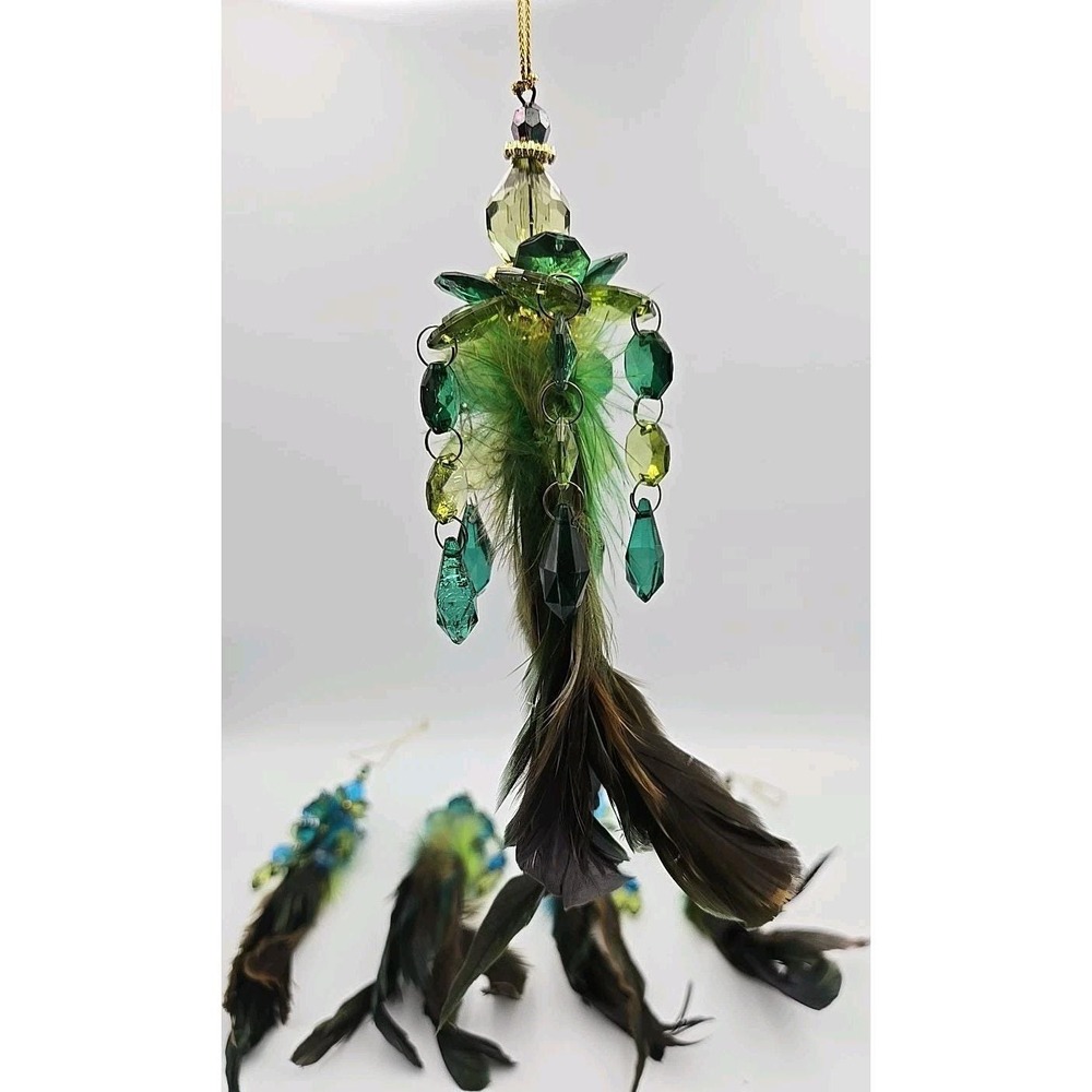 Holiday Time Green Feather Christmas Ornaments Lot Blue & Green Crystal Boho 5pc